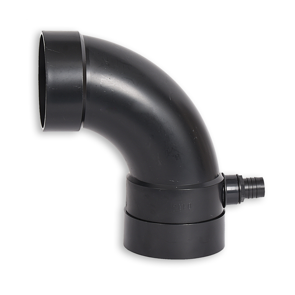 Bogen 90°, 110 mm  inkl. Entlüftungstülle 25 mm  Bogen 90°, 110 mm  inkl. Entlüftungstülle 25 mm